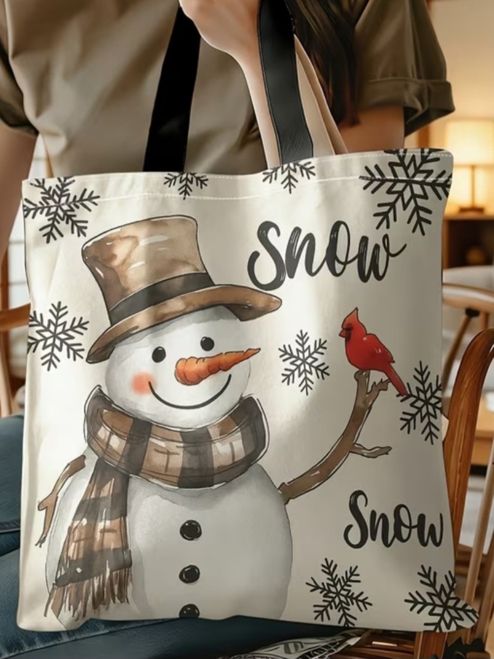 Snowman Print Tote Bag in Cream and Brown